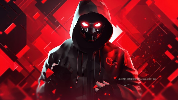 A man in a mask with red glowing eyes stands in front of a red and black background.