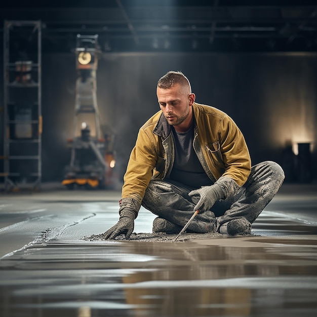 Man Mason Building a Screed Coat of Cement on Floor