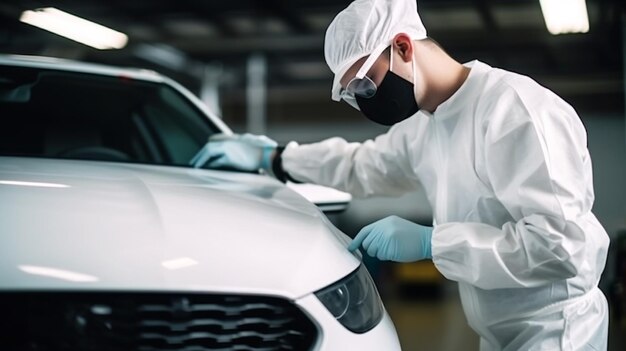 Photo man master repairs under the hood of the car