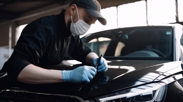 Photo man master repairs under the hood of the car