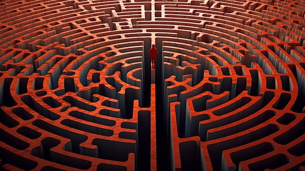 A man in a maze with a red figure standing in the middle.