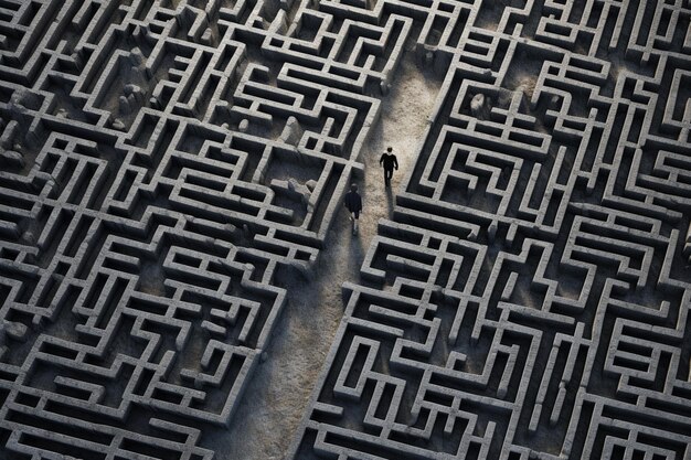 左側に「maze」という文字が表示された迷路にいる男性。