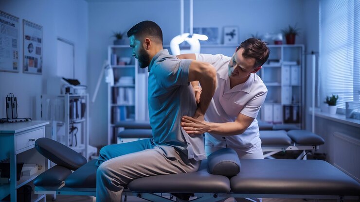 Photo man in the medical office physiotherapist is rehabilitating back