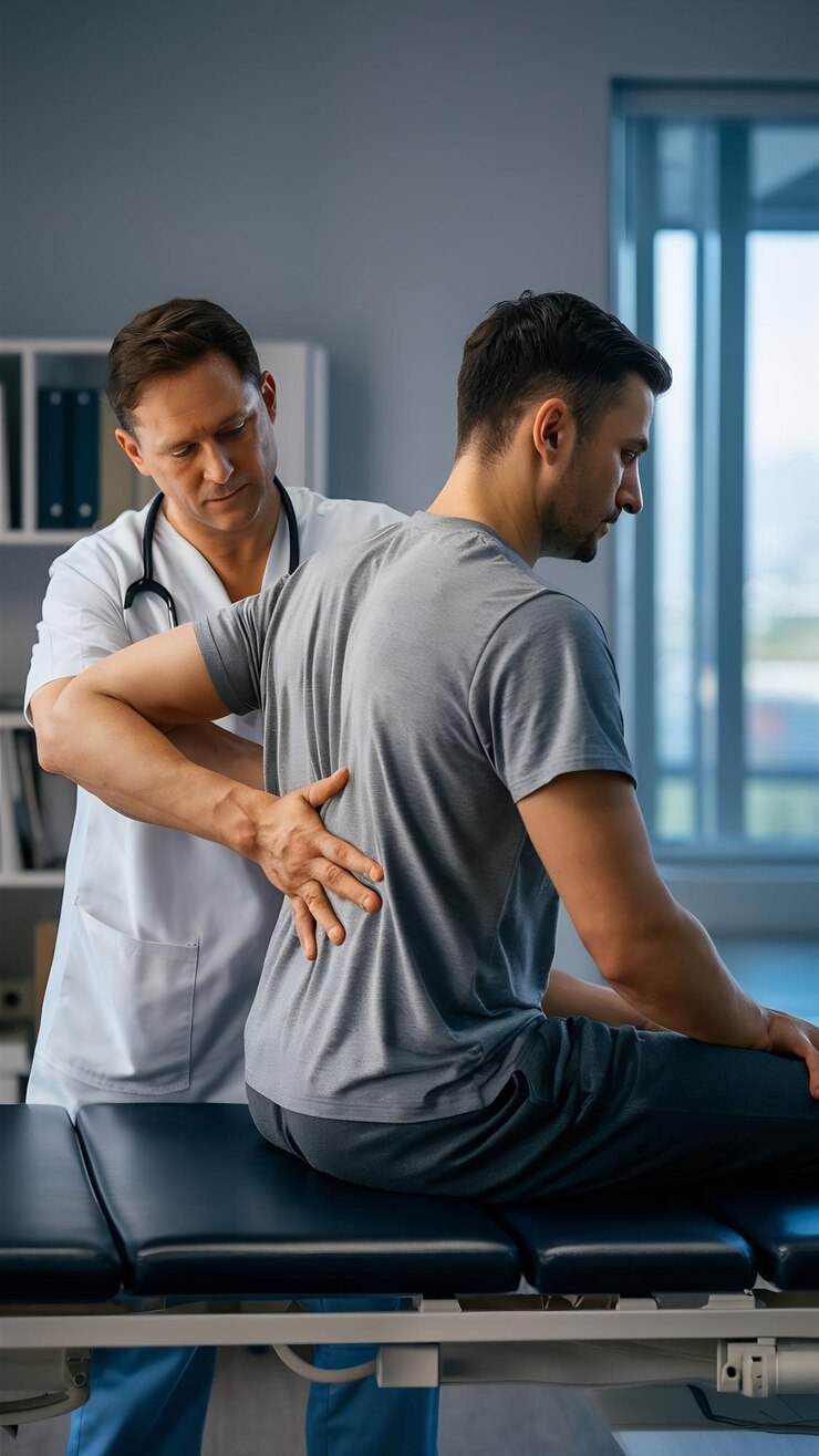 Photo man in the medical office physiotherapist is rehabilitating back