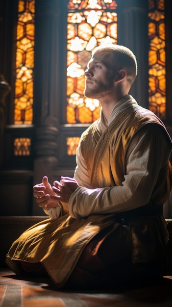 A man in medieval costume kneels and prays in a church with stained glass windows