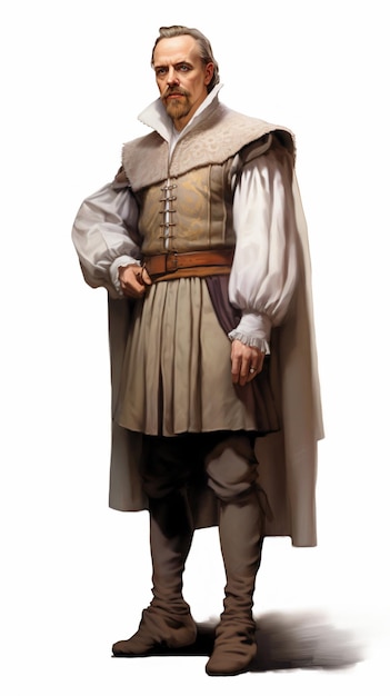 мужчина в средневековом наряде, стоящий с руками на бедрах