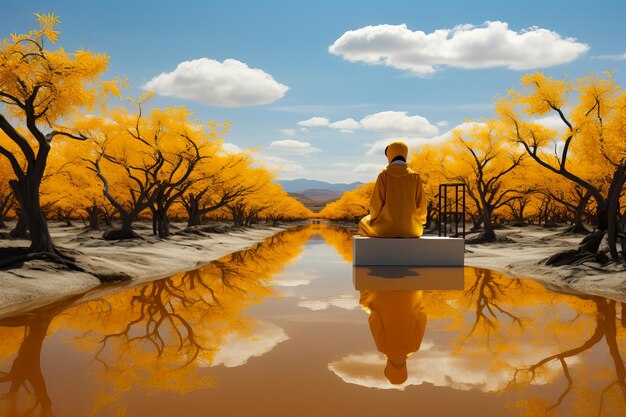 秋の森で瞑想する男 澄んだ湖 秋の風景