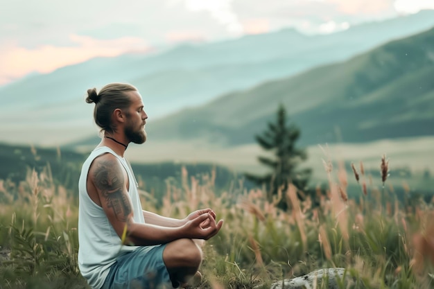 Мужчина медитирует и занимается йогой на фоне гор и заката