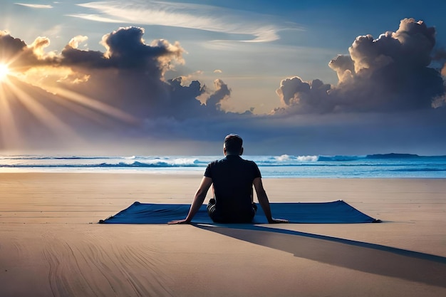 A man meditating on a beach with the sun shining through the clouds