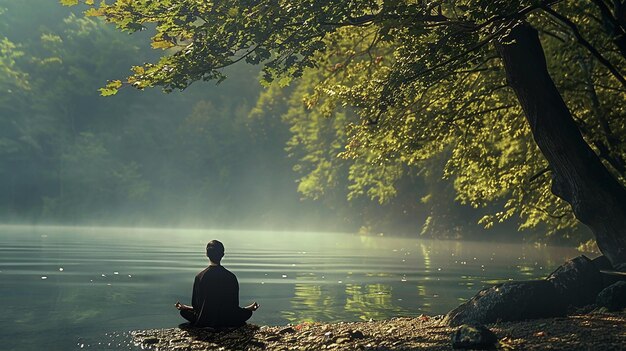 Foto un uomo che medita vicino a un lago al mattino