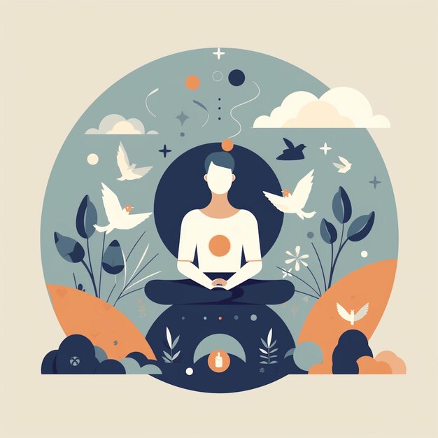 A man meditating in a circle with birds around him.