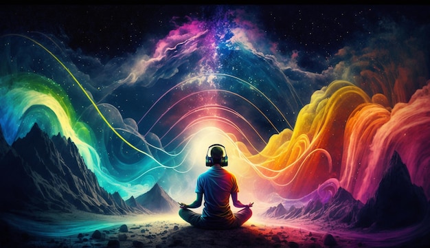 A man meditating in front of a galaxy and the universe.