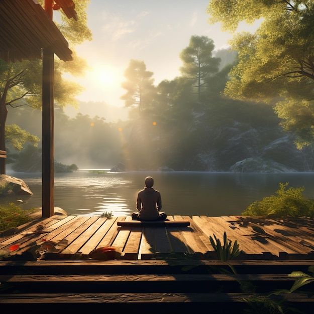 Photo a man meditating in front of a lake at sunset.