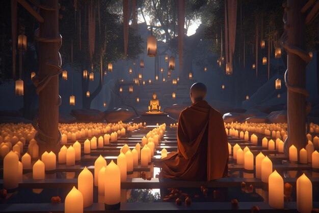 A man meditating in front of a large number of candles.