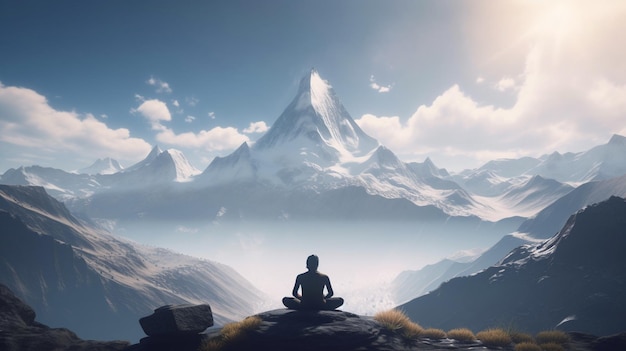 A man meditating in front of a mountain presenting world yoga day