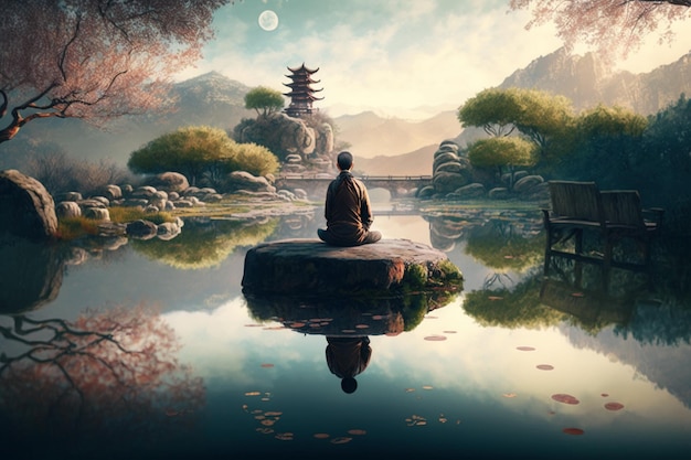 A man meditating in front of a pond with a moon in the background.