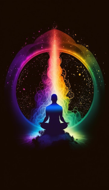 A man meditating in front of a rainbow.