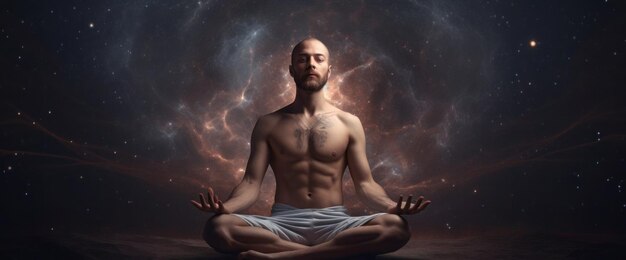 A man meditating in front of a stormy sky