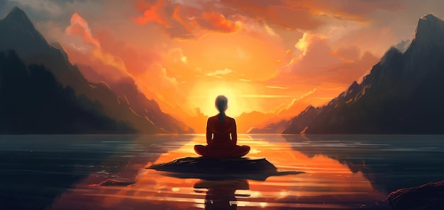 A man meditating in front of a sunset