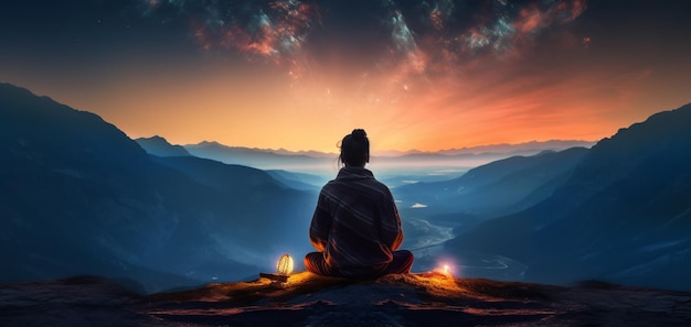 A man meditating in front of a sunset