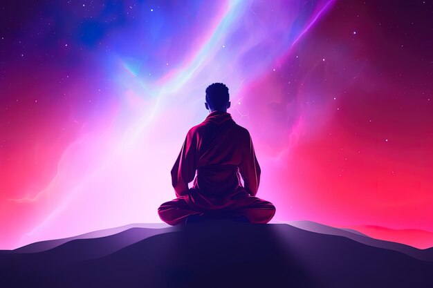 A man meditating under a galaxy sky