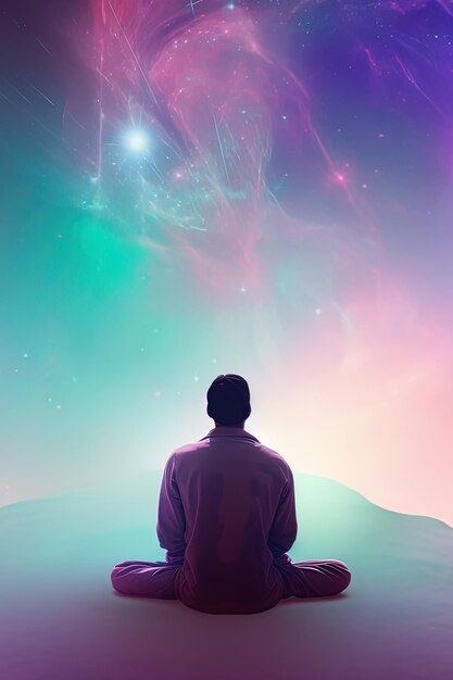 A man meditating under a galaxy sky