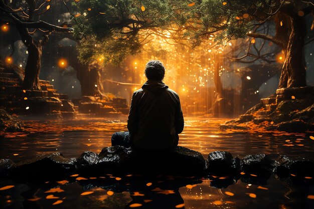 Photo man meditating under glowing tree