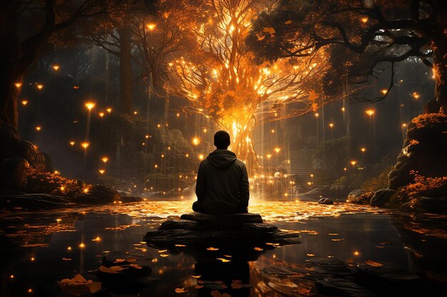 Man Meditating Under Glowing Tree