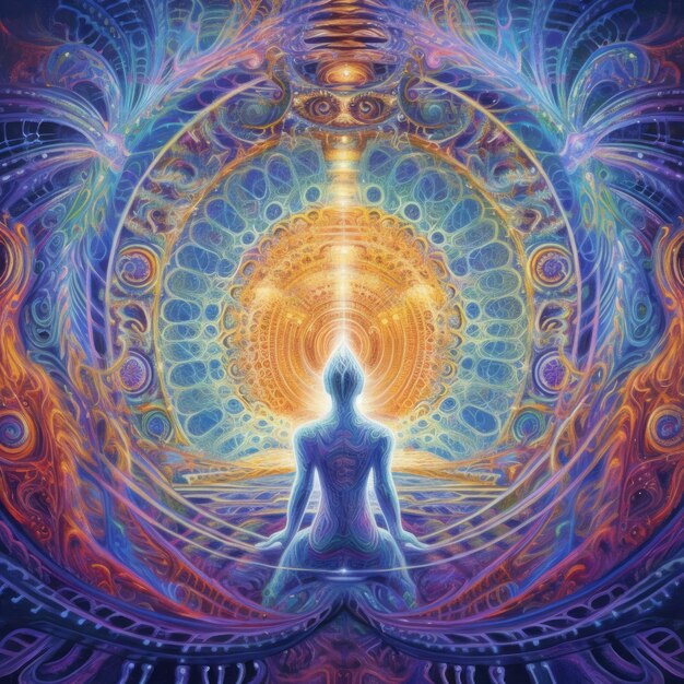 Man meditating in the lotus pose Psychedelic background