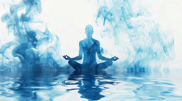 Man meditating in lotus pose on water background with blue smoke