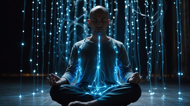 Man meditating in lotus pose with glowing lines on dark background