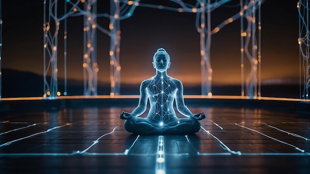 Man meditating in lotus pose with glowing lines on dark background