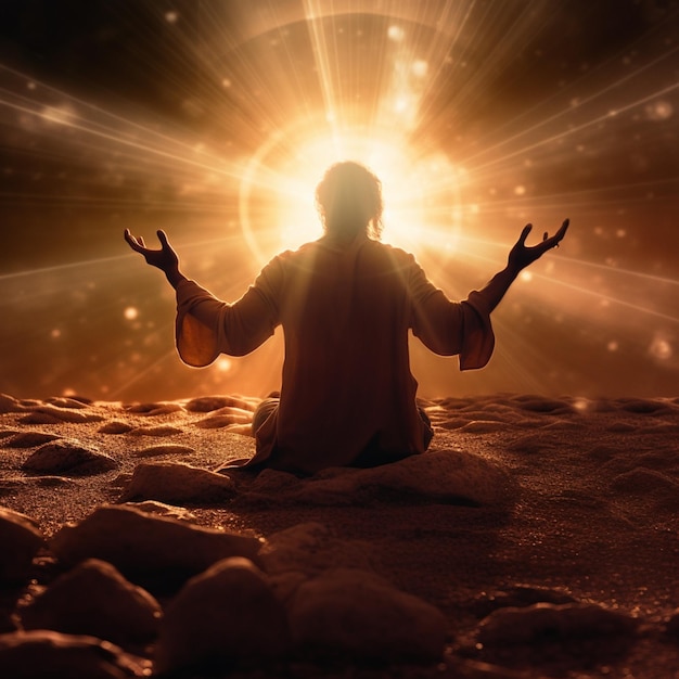 Man meditating in lotus position with rays of light on background spiritual connection