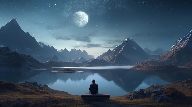 Man meditating on a mountain lake at night generative ai