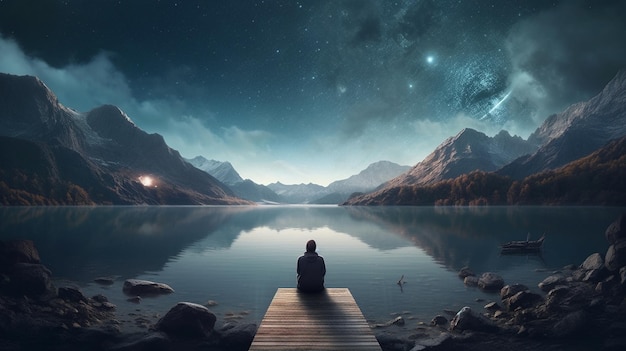 Photo man meditating on a mountain lake at night generative ai