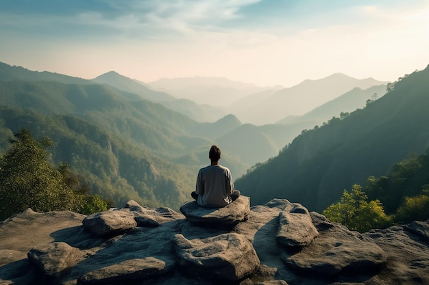 A man meditating on a mountain top with mountains in the background