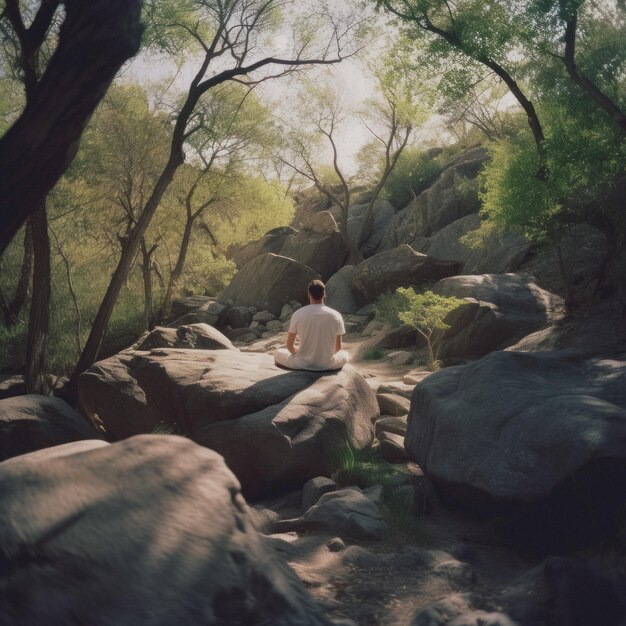 Photo man meditating in nature scenic spot ai generated