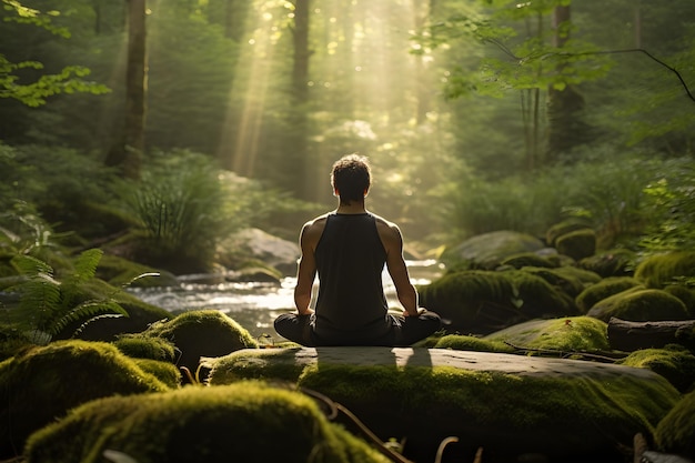 man meditating in the rainforest