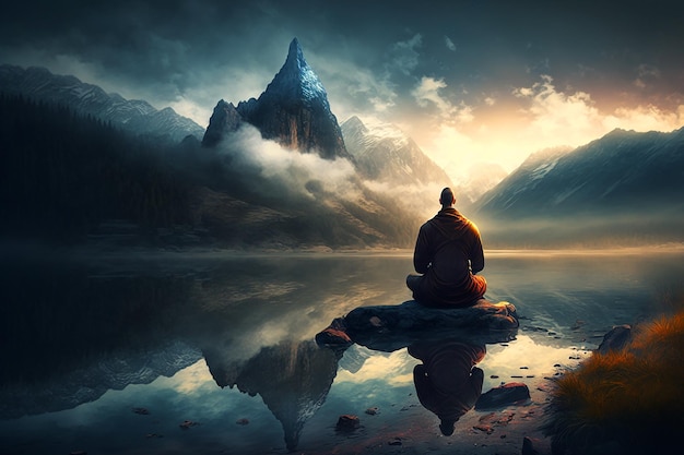 A man meditating on a rock in front of a mountain