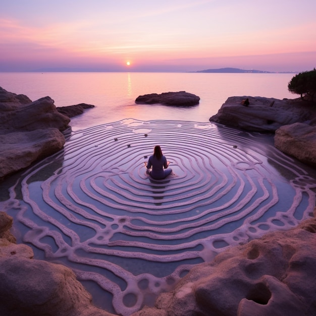 Photo a man meditating on a sea rock falls acea mindbending ai generated art