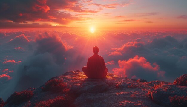 Man meditating on the top of a mountain at sunset