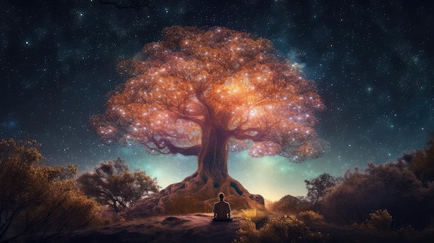 底に「命の木」と書かれた木の下で瞑想する男性。