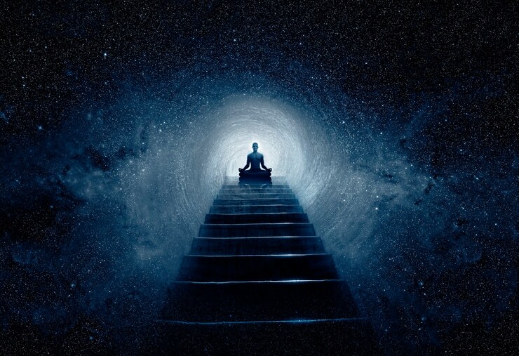 Photo man meditating with the universe