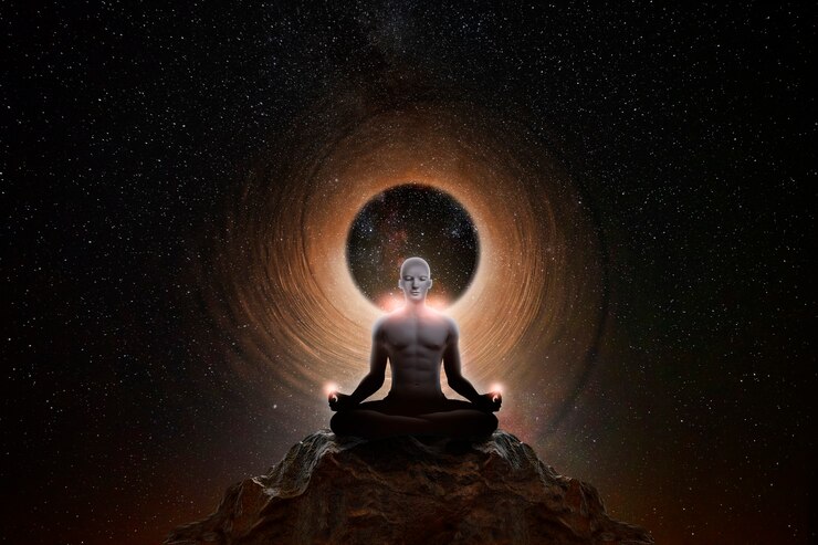 Photo man meditating with the universe