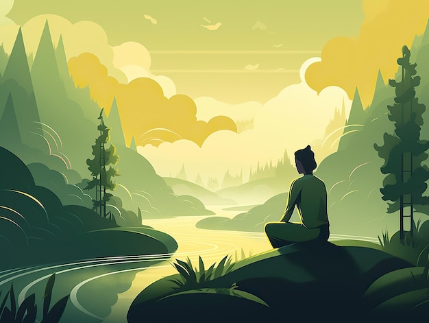 A man meditating in yoga in front of mountain view at sunrise landscape digital art illustration