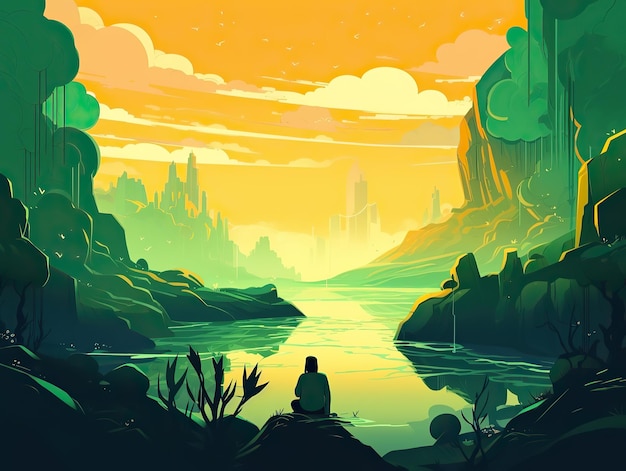 A man meditating in yoga in front of mountain view at sunrise landscape digital art illustration