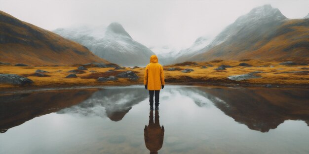 Foto man meer water terug berg vrijheid gele wandeling kaap natuur reizen generatieve ai