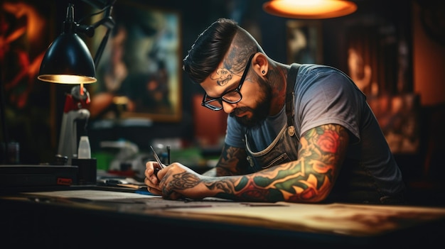 Man meester in een tattooshop maakt een schets van een toekomstige tatoeage