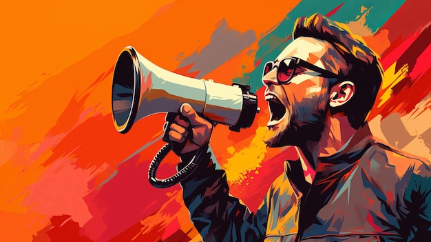 Man megaphone and voice for freedom of speech assertive courageous and outspoken male standing up