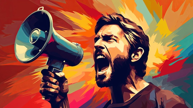 Man megaphone and voice for freedom of speech assertive courageous and outspoken male standing up
